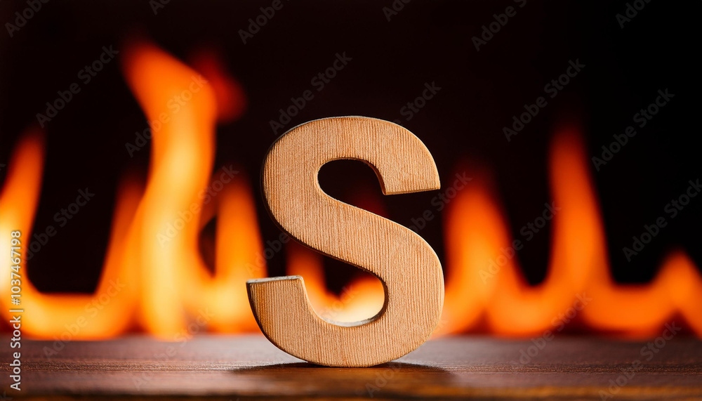 Wooden letter S on table, fire flames on dark backdrop. Wooden letter S on table, fire flames on dark backdrop.