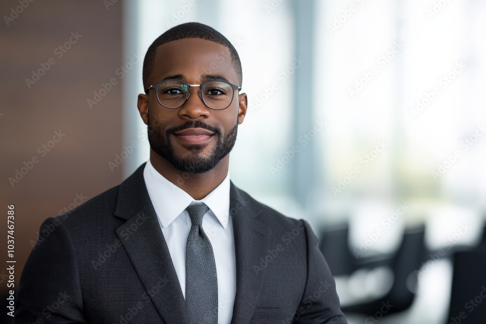 A smiling businessman in a suit and tie confidently poses in an office environment, exuding assurance and professionalism, with a bright, blurred backdrop.