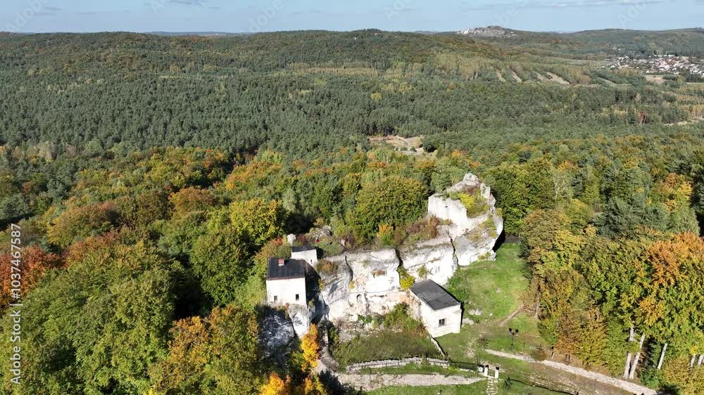 Aerial drone view of Bakowiec Knights' Castle. Eagles' Nests Trail. Autumn panorama of Ruins of Bakowiec Castle in Morsko, Poland. Castle ruins in the background autumn forest. Ruins of castle Morsko.