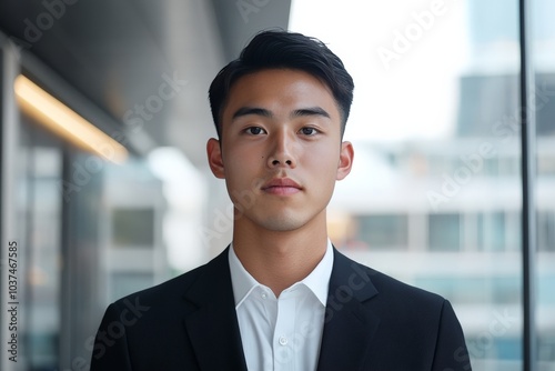 A young professional man in a black suit and white shirt stands confidently, facing forward with a modern office background featuring large windows and city views. photo