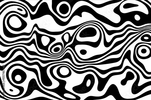 Black and white hallucination. Optical illusion. Twisted illustration. Abstract futuristic background of stripes. Dynamic wave. Vector.