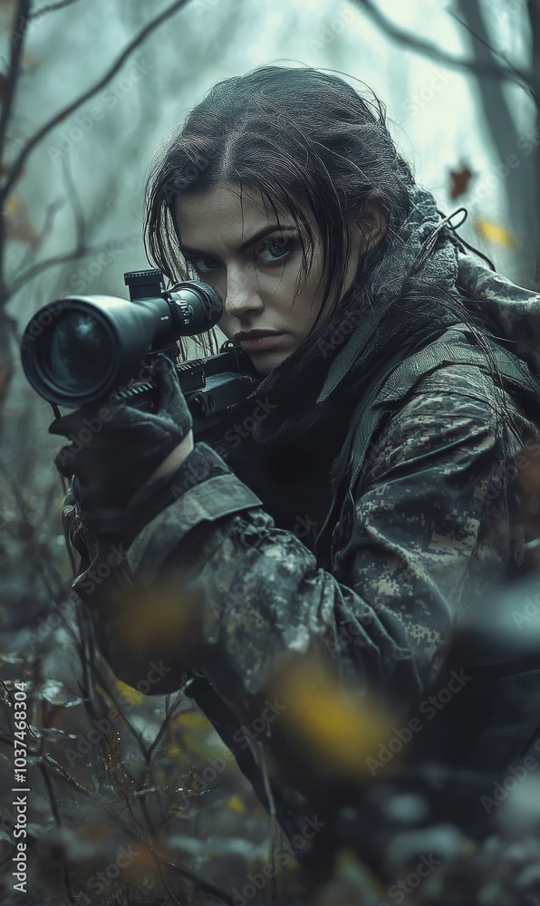 A camouflaged woman aiming a rifle. A camouflaged woman aiming a rifle.