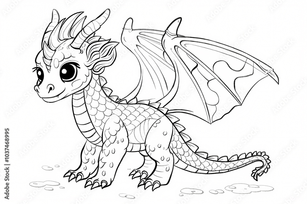 Obraz premium A cute cartoon dragon with large eyes and spiky features, ready to be colored in various shades by imaginative artists.