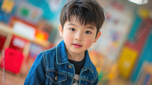 young boy with short black hair is standing in colorful classroom, wearing denim jacket. His expression is curious and engaging, surrounded by vibrant educational materials