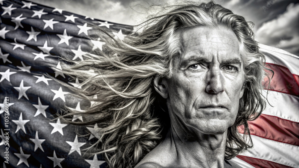 Fototapeta premium Intense close-up portrait, weathered face, long flowing gray hair, stern expression, American flag backdrop, black and white with red accents, dramatic lighting, patriotic theme, gritty realism, high 