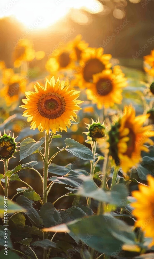 Sunflowers in field during golden hour.