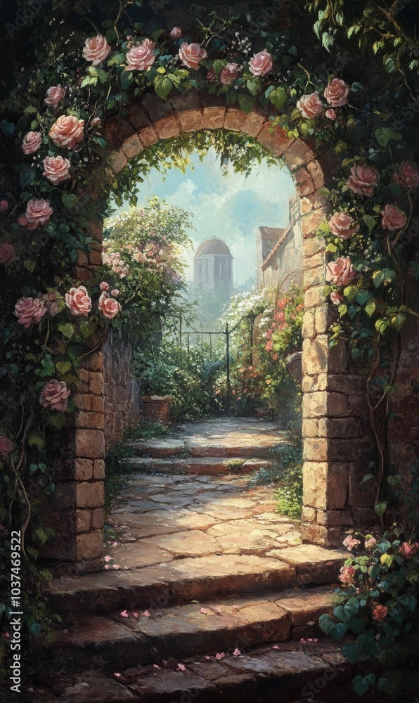Fototapeta premium Stone steps, roses, archway, garden, cityscape.