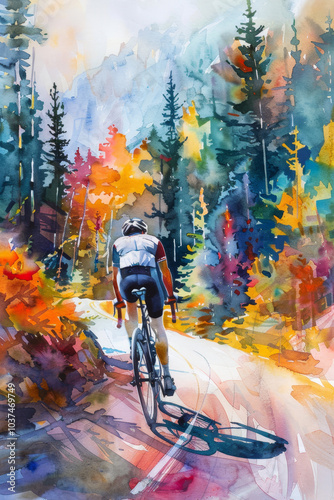 Watercolor painting of a cyclist riding through a vibrant autumn forest, surrounded by colorful trees and natural beauty