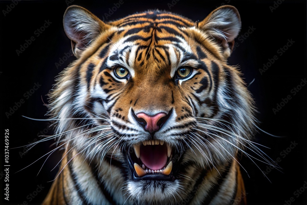 Fototapeta premium A close-up of a fierce tiger showcasing its striking fur pattern in a dark forest environment during twilight hours. Generative AI