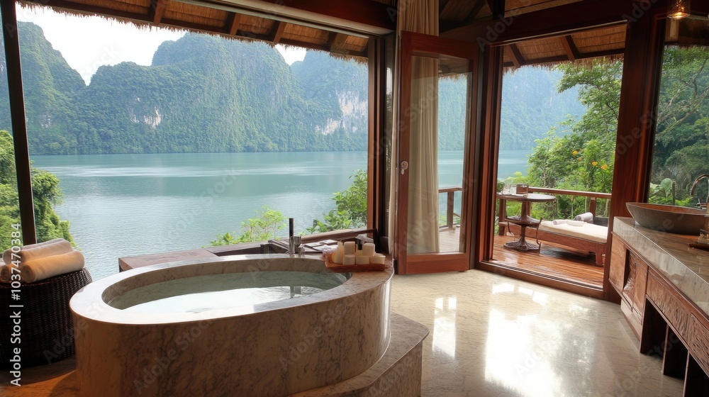 Fototapeta premium Serene Spa Retreat with Scenic Lake View