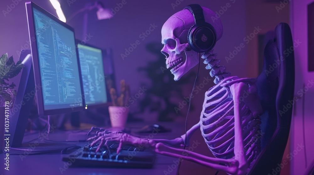 A skeleton sits at a computer, wearing headphones, immersed in coding at a vibrant workspace. A skeleton sits at a computer, wearing headphones, immersed in coding at a vibrant workspace.