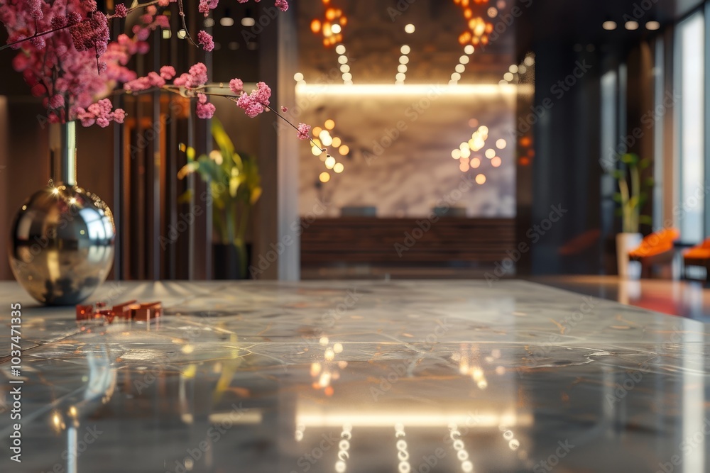 Obraz premium A glossy marble table reflects warm, ambient lighting with pink flowers in a vase nearby. Concept of elegance and tranquility. For interior design portfolios