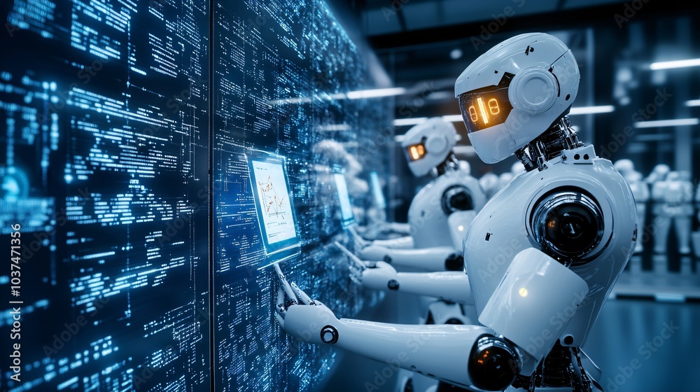A robotic arm reaching for a digital display full of data in a futuristic laboratory setting. A robotic arm reaching for a digital display full of data in a futuristic laboratory setting.