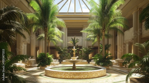 A modern Hollywood Regency style atrium with towering palm plants and a central fountain surrounded by opulent mosaic tiles. The space is bathed in natural light photo