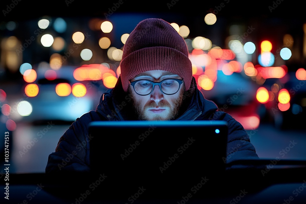 A solitary man wearing a beanie intensely working on a laptop against a lively cityscape backdrop, characterized by glowing city lights, symbolizing determination. A solitary man wearing a beanie intensely working on a laptop against a lively cityscape backdrop, characterized by glowing city lights, symbolizing determination.