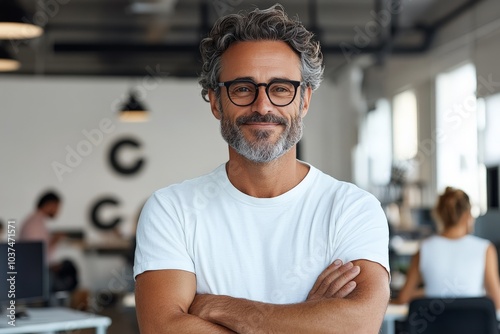 A mature and confident professional man stands with arms crossed in a modern office environment, embodying leadership, confidence, and a successful career persona.