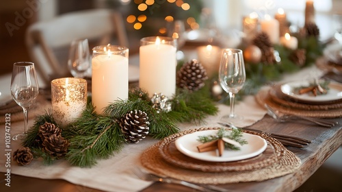 Christmas Table Setting with Candles, Pine Cones, and Cinnamon Sticks