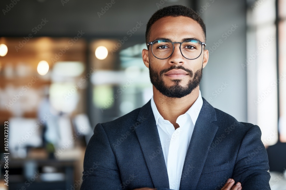 Portrait of a confident businessman in a sleek suit and glasses, embodying professionalism, leadership, and modernity in a contemporary office setting. Portrait of a confident businessman in a sleek suit and glasses, embodying professionalism, leadership, and modernity in a contemporary office setting.