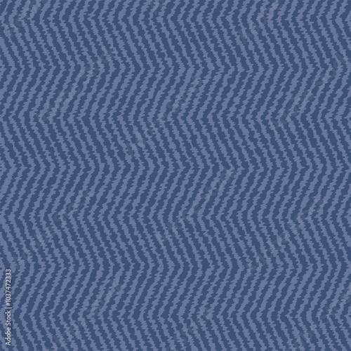 Textured monochrome zigzag pattern of slate blue rugged fuzzy stripes. Minimalist grunge stripy background with ikat print.
