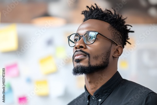 Portrait of an innovative thinker wearing glasses in a colorful creative office, showcasing imagination, inspiration, and forward-thinking in a dynamic workspace. photo