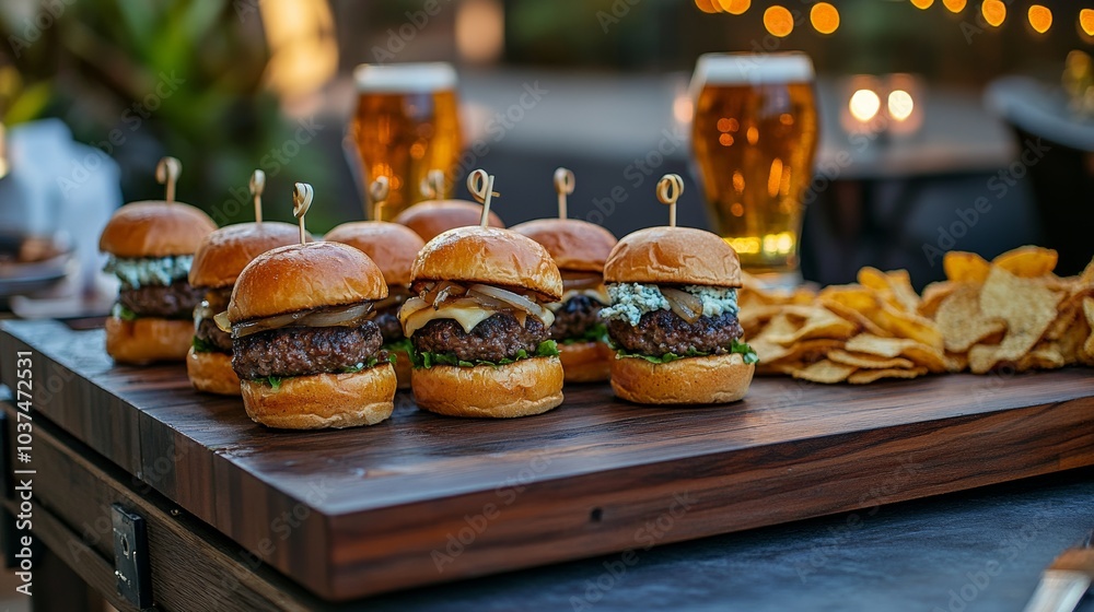 A mouthwatering sliders station featuring mini burgers with gourmet toppings like truffle aioli, caramelized onions, and blue cheese A mouthwatering sliders station featuring mini burgers with gourmet toppings like truffle aioli, caramelized onions, and blue cheese