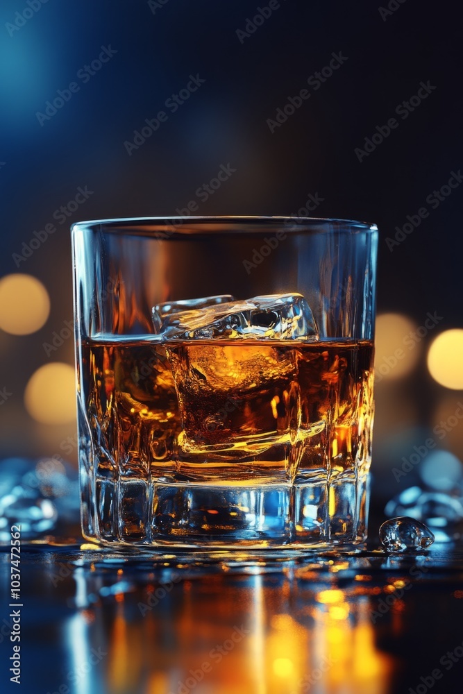 Crystal whiskey glass standing on table with ice cubes Crystal whiskey glass standing on table with ice cubes