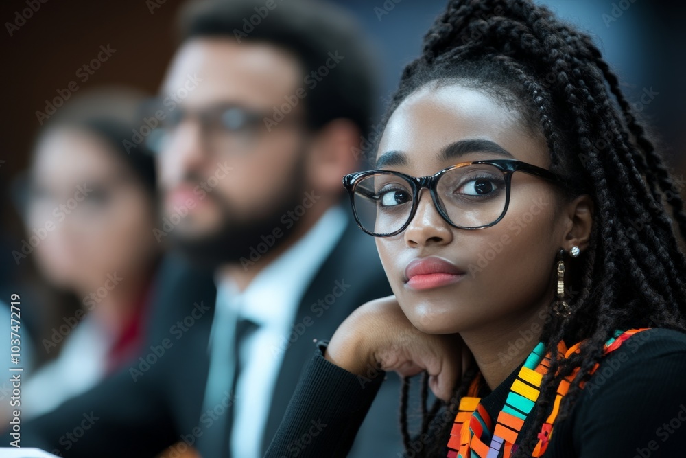 Obraz premium A young woman with glasses attentively listens in a meeting room, wearing an African-inspired necklace, exuding an aura of focus and professional engagement.