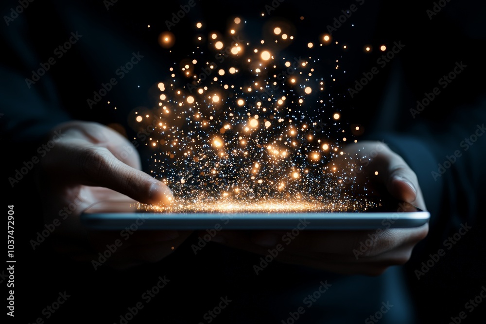 Hands are holding a tablet emitting a stunning burst of golden sparks, creating a magical and futuristic ambiance, representing technological wonder and creativity. Hands are holding a tablet emitting a stunning burst of golden sparks, creating a magical and futuristic ambiance, representing technological wonder and creativity.
