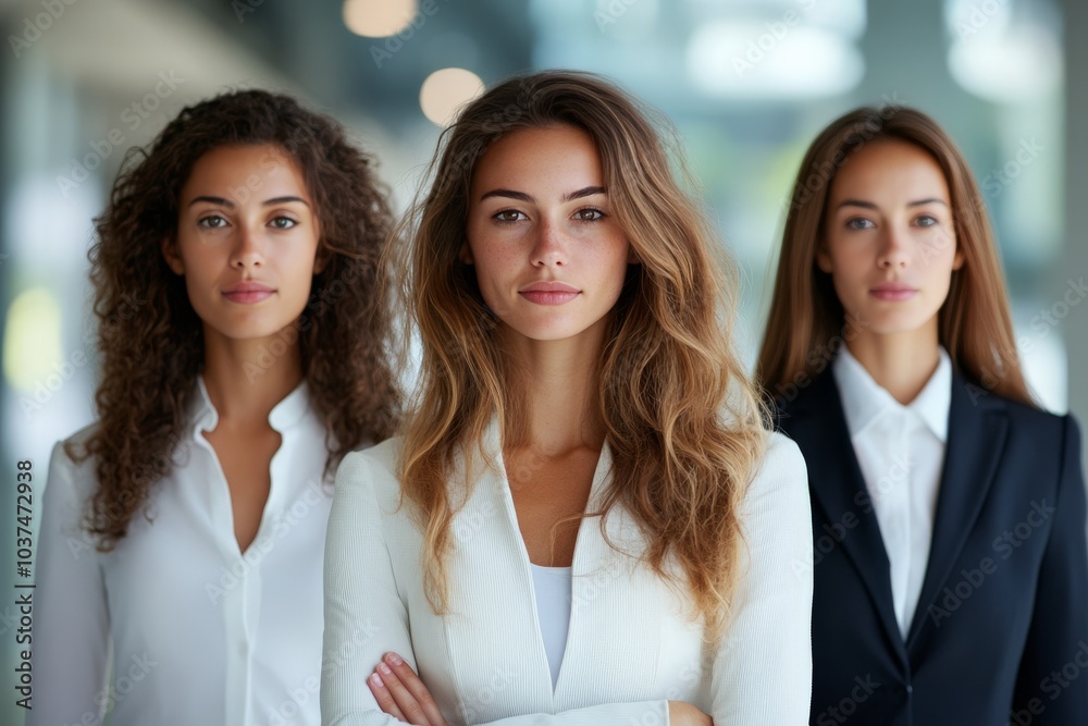 A trio of confident women stand together, dressed impeccably in sleek business attire, showcasing diversity and strength in a modern indoor setting. A trio of confident women stand together, dressed impeccably in sleek business attire, showcasing diversity and strength in a modern indoor setting.
