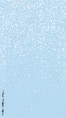 Magic falling snow christmas background. Subtle flying snow flakes and stars on light blue winter backdrop. Magic falling snow holiday scenery. Vertical vector illustration.