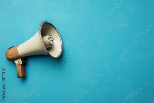 megaphone laying on blue background with copy space. Copy space for text