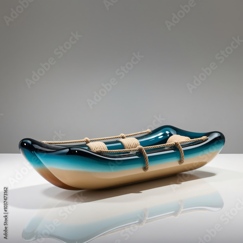 Modern Artistic Glass Sculpture of a Small Boat with Gradient Teal-Beige Finish, Intricate Rope Details, Elegant Design, Generative AI