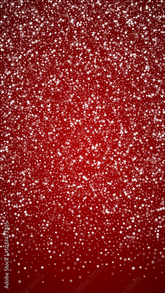 Falling snowflakes christmas background. Subtle flying snow flakes and stars on christmas red background. Beautifully falling snowflakes overlay. Vertical vector illustration.