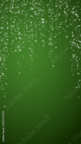 Falling snowflakes christmas background. Subtle flying snow flakes and stars on christmas green background. Beautifully falling snowflakes overlay. Vertical vector illustration.