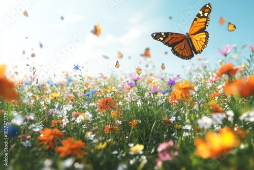 Butterflies flying over a field of wildflowers on a sunny day