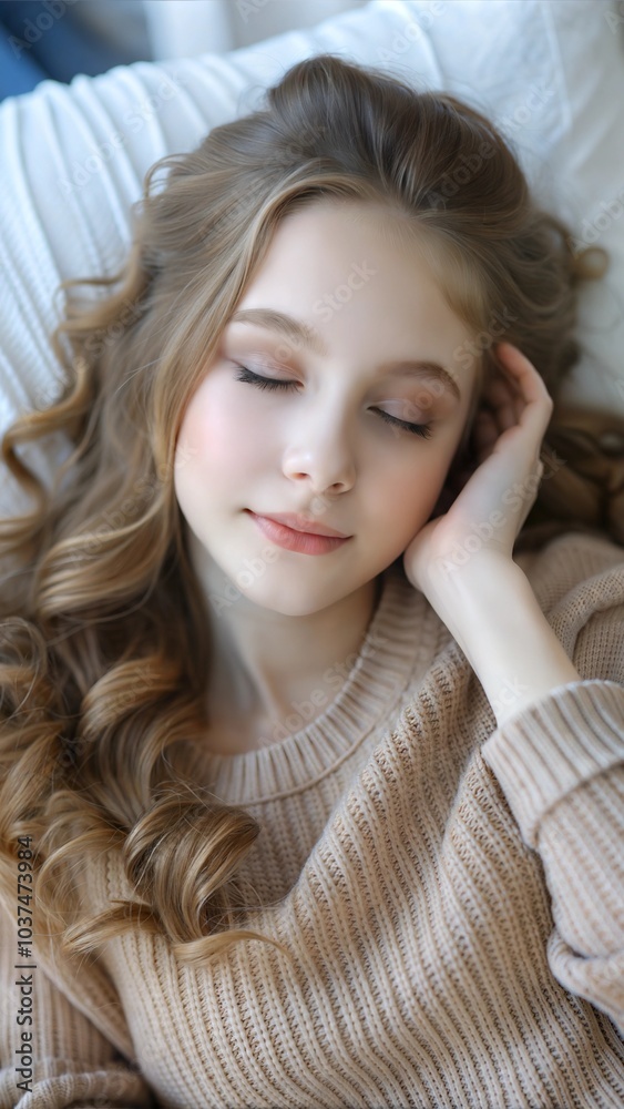 A girl with long, curly hair relaxes peacefully in a cozy sweater while resting on a bed, capturing a serene moment in soft lighting. Generative AI A girl with long, curly hair relaxes peacefully in a cozy sweater while resting on a bed, capturing a serene moment in soft lighting. Generative AI
