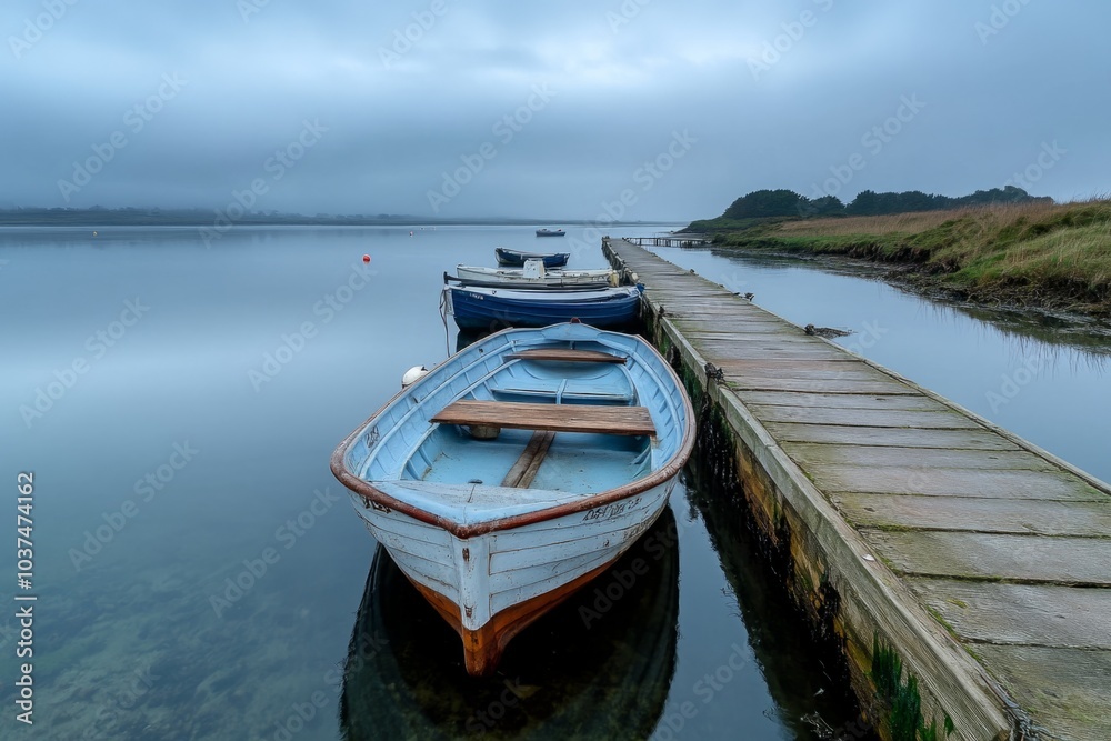 Obraz premium Wooden fishing boats tied up at a lake dock on a cloudy day
