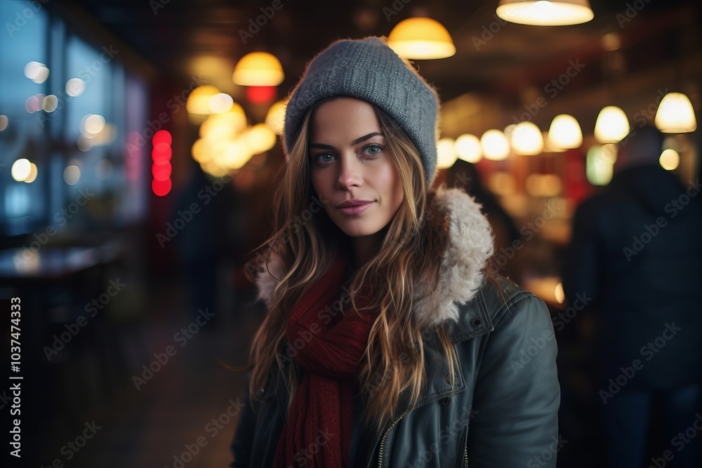 Portrait of a beautiful young woman in winter clothes in a cafe Portrait of a beautiful young woman in winter clothes in a cafe