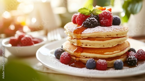 A mouthwatering stack of fluffy pancakes topped with fresh berries and drizzled with maple syrup, Pancakes arranged in a playful stack, Soft morning light for a warm glow