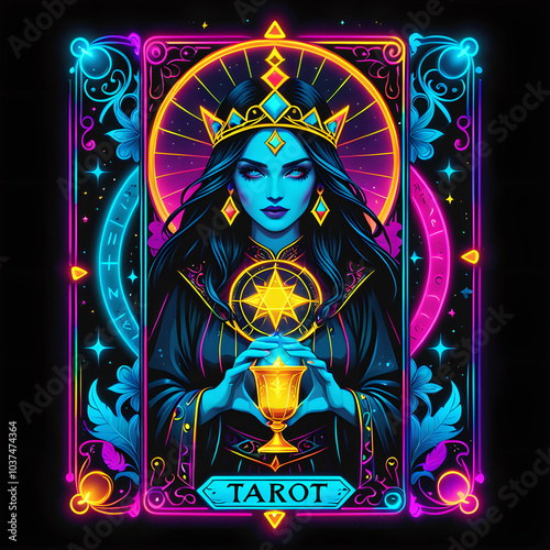 Mystical Tarot Cards: Enchanting Neon Glow T-Shirt Design