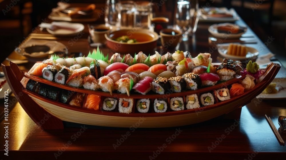 A mouthwatering sushi boat filled with an assortment of nigiri, sashimi, and specialty rolls A mouthwatering sushi boat filled with an assortment of nigiri, sashimi, and specialty rolls