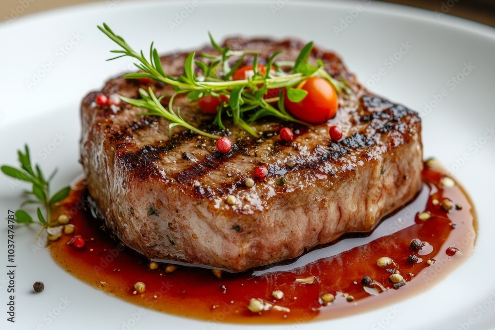Grilled juicy steak resting on white plate with herbs and pepper sauce Grilled juicy steak resting on white plate with herbs and pepper sauce