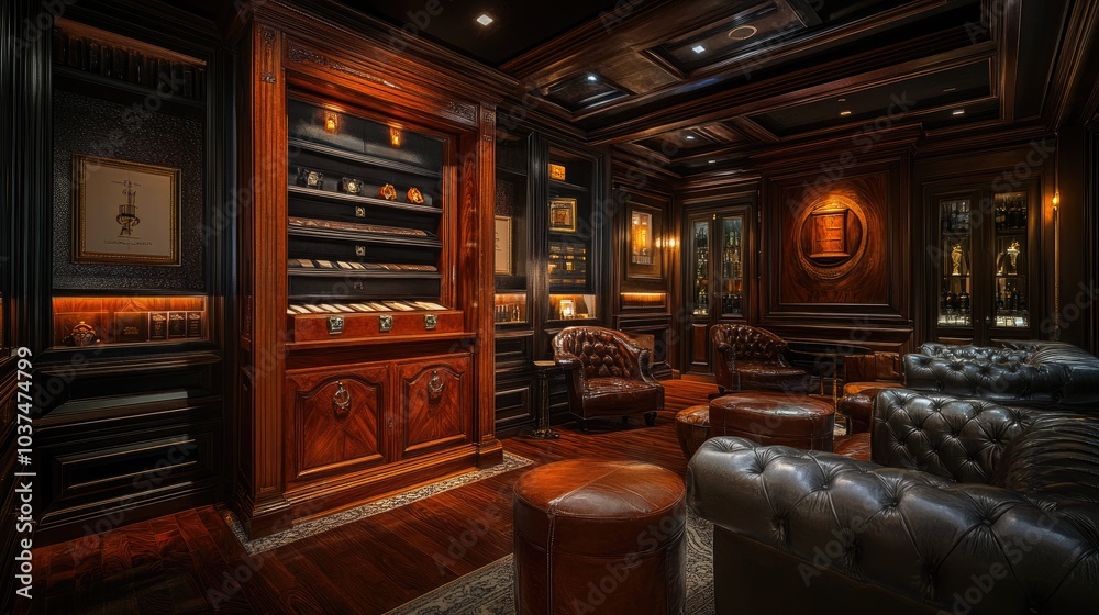 A refined Hollywood Regency cigar lounge