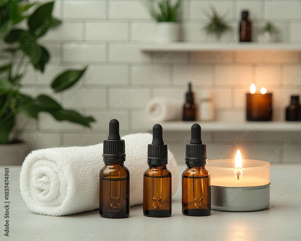 Luxurious Amber Glass Bottles with Dropper Tops in Spa Setting, Tranquil Aromatherapy Concept Luxurious Amber Glass Bottles with Dropper Tops in Spa Setting, Tranquil Aromatherapy Concept