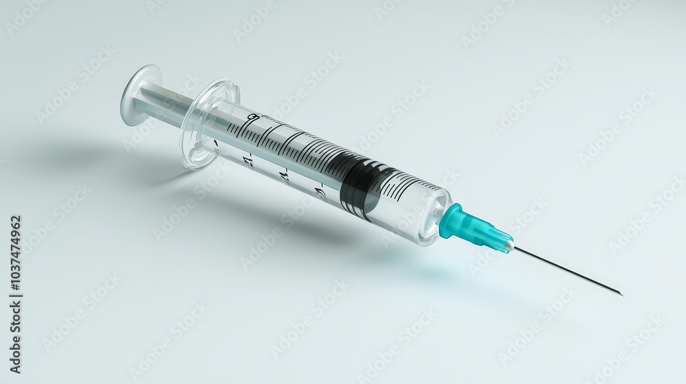 Clinical Precision - Closeup View of Transparent Glass Syringe on Light Blue Surface Medical Equipment Concept Clinical Precision - Closeup View of Transparent Glass Syringe on Light Blue Surface Medical Equipment Concept