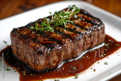 Grilled steak resting on white plate covered with sauce and garnished with thyme