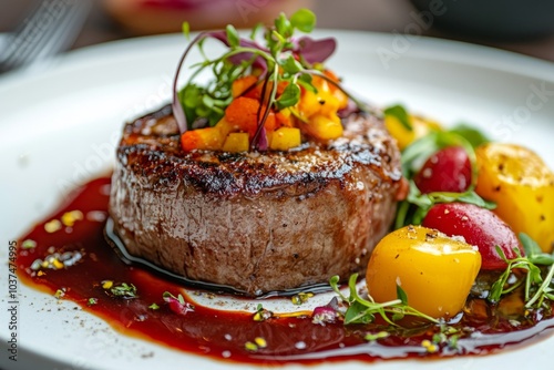 Juicy grilled steak served with sauce and vegetables on white plate