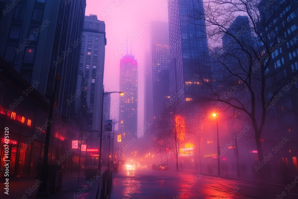 Business people walking in the fog on a city street at night Business people walking in the fog on a city street at night