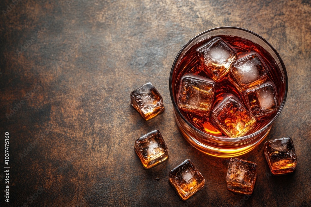 Glass of whiskey with ice cubes is standing on a table