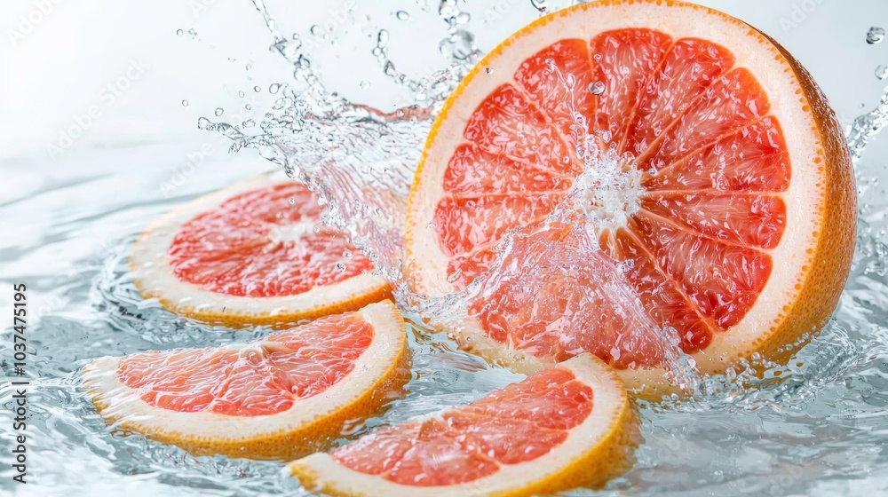 Vibrant Grapefruit Slices in Fresh Water, Dynamic Macro View with Rippling Blues and Energizing Reds, Refreshing Concept for Citrus Products and Wellness Campaigns Vibrant Grapefruit Slices in Fresh Water, Dynamic Macro View with Rippling Blues and Energizing Reds, Refreshing Concept for Citrus Products and Wellness Campaigns